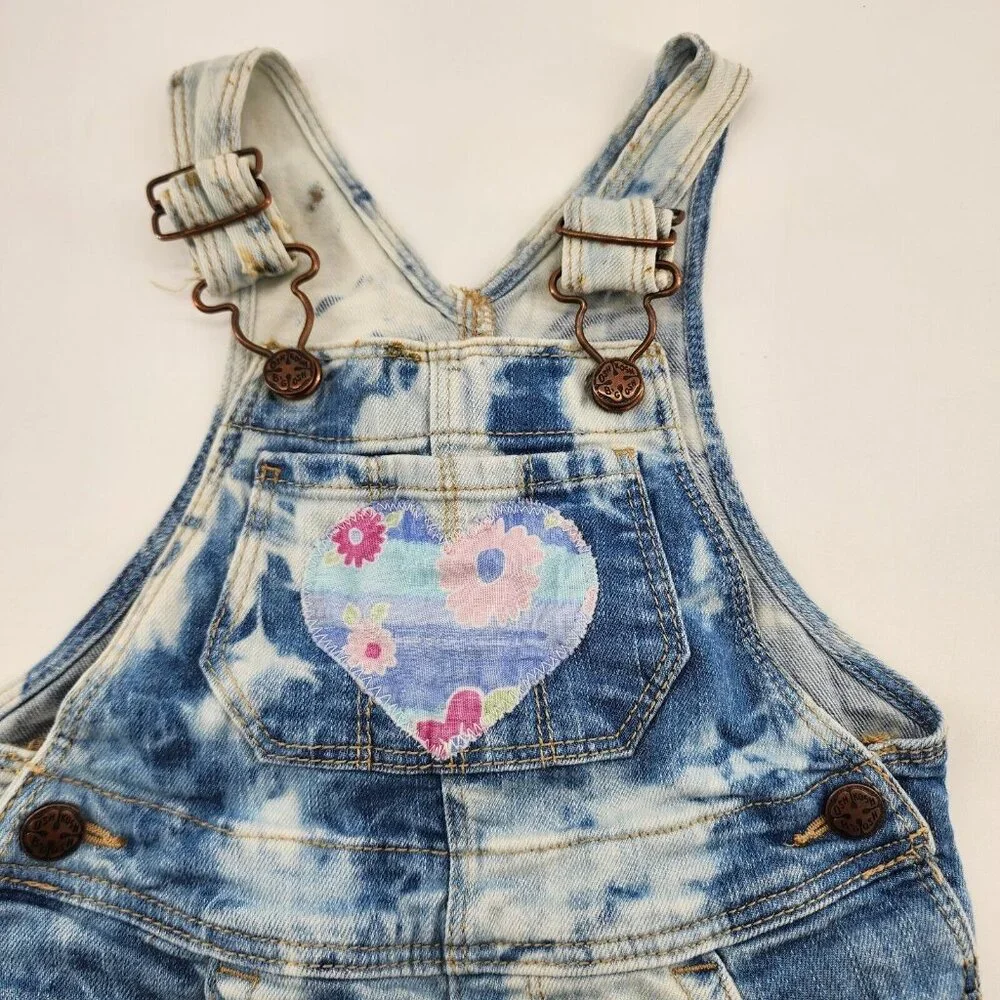 OshKosh B'Gosh Customized Short Overalls Lace Trim Heart Applique Bleach Dye 18M
